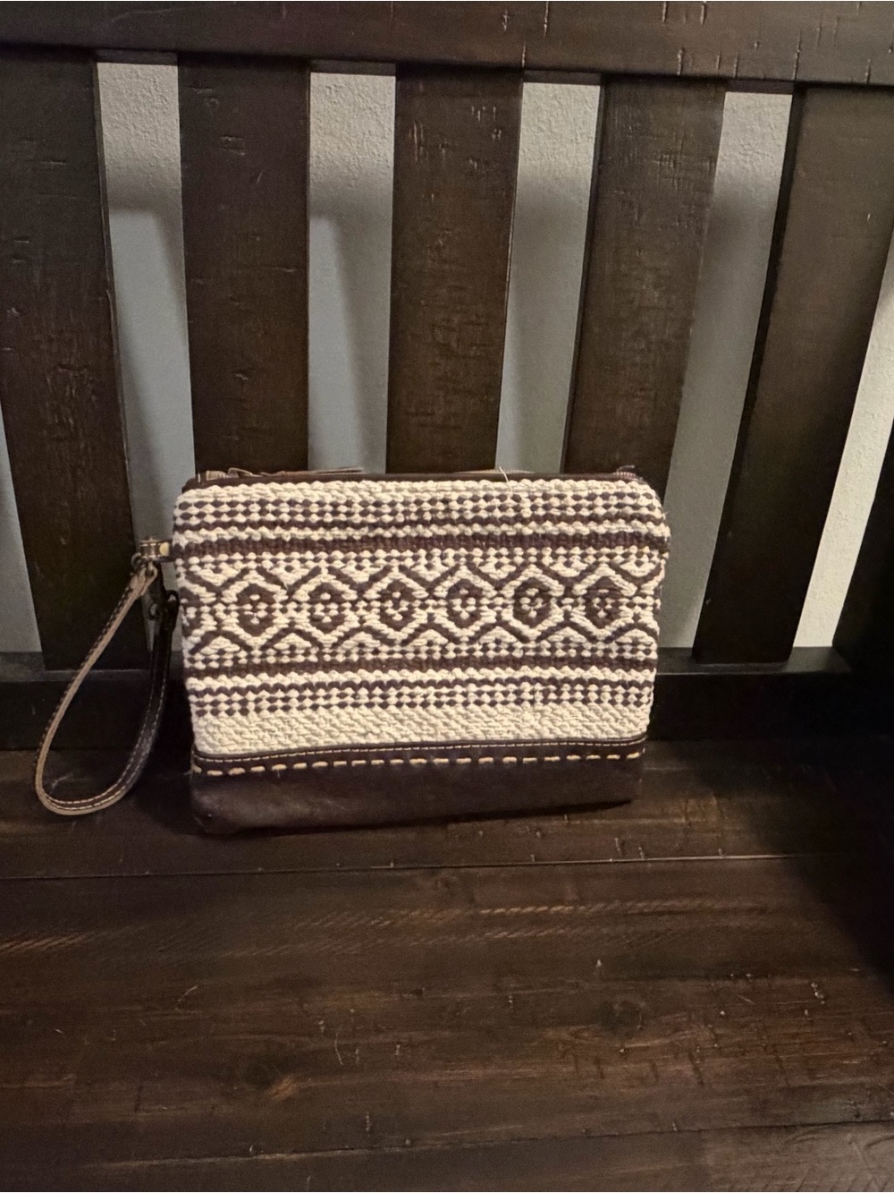 Myra Bag Woven Wristlet Clutch in Cream and Brown
